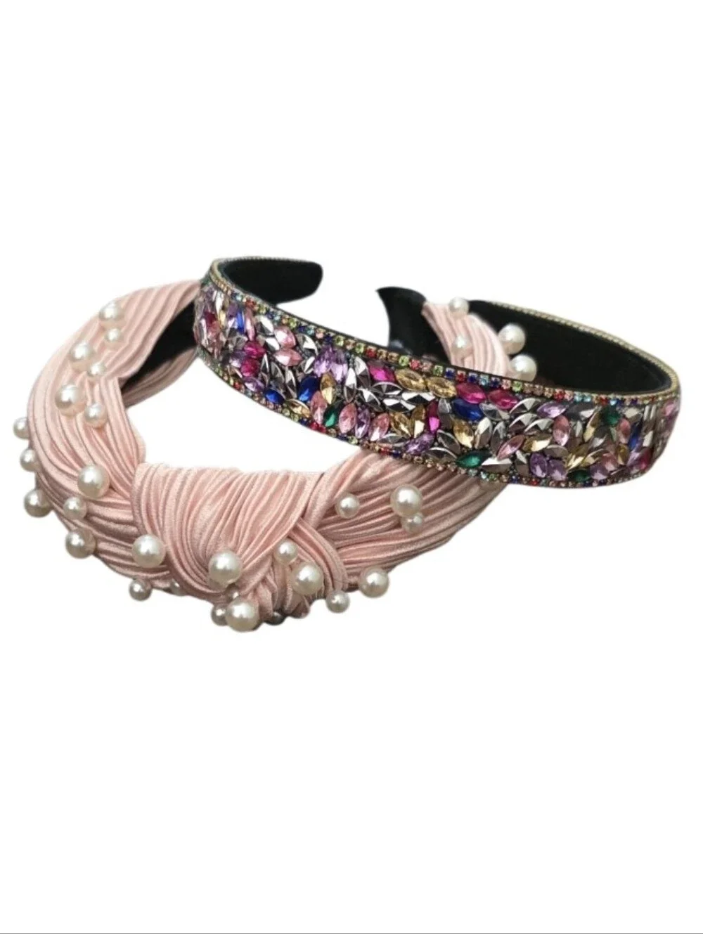 Elegant Pink Pearl Knot Headband & Multicolor Crystal Headband Set